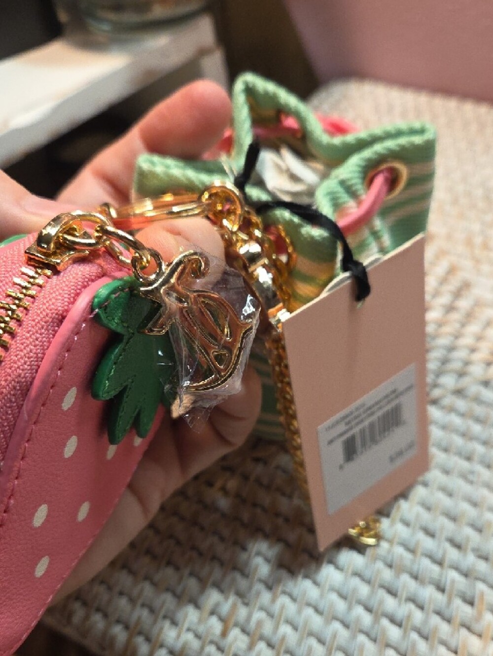 Juicy Couture Pink Strawberry Charm with Green Striped Mini Bag Keyring - Picture 4 of 5